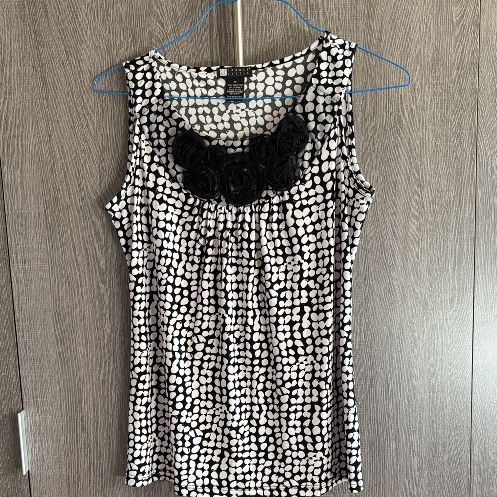Carol Little Black and White Floral Accent Tank Top